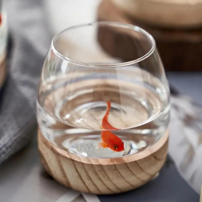 Planted Aquarium For Goldfish - 원형 유리 어항 (나무 받침대 포함)